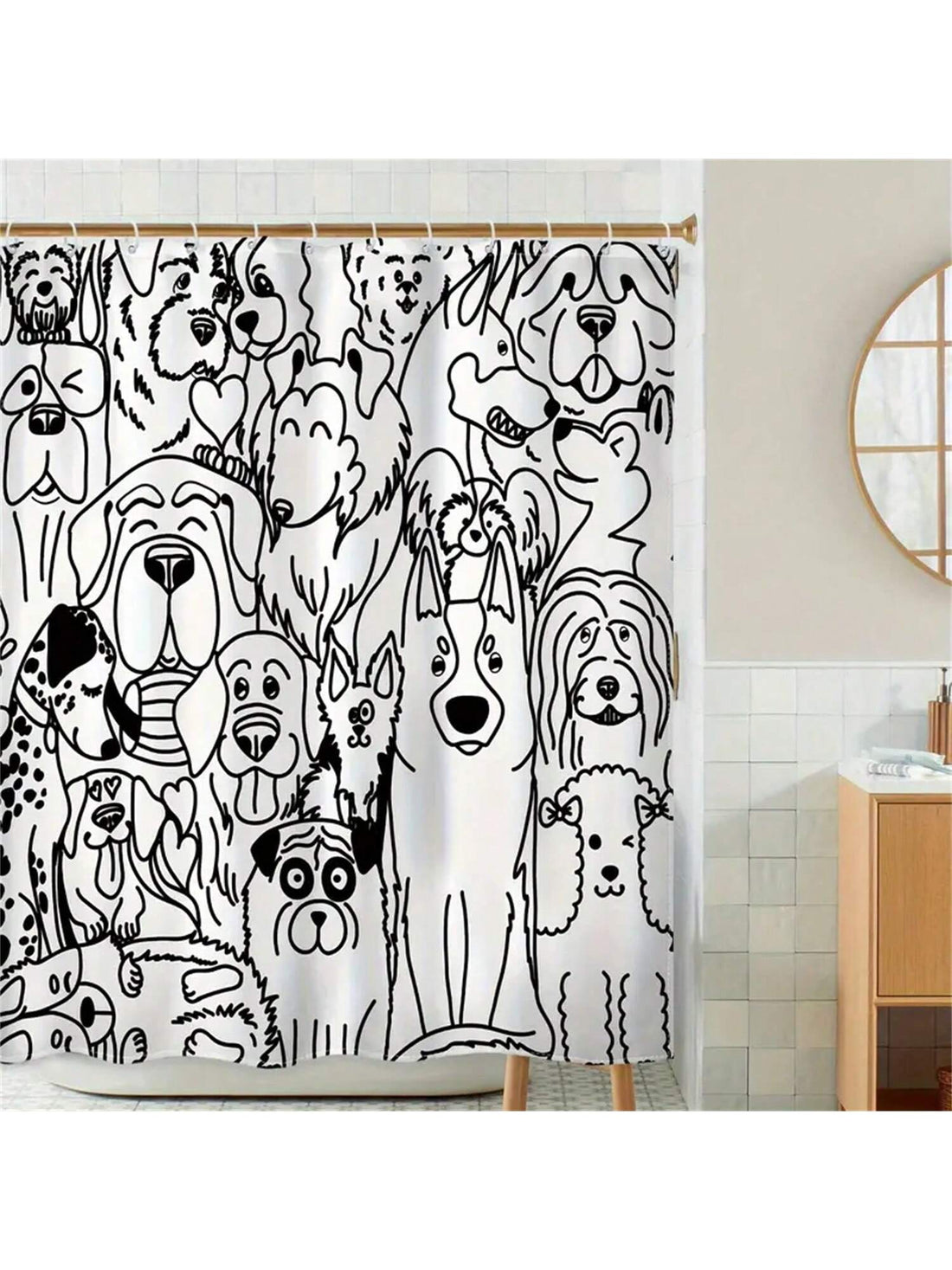 Transform your bathroom into a charming country oasis with our Adorable Country Cartoon Puppy Shower Curtain! Featuring a stylish black and white design, this waterproof curtain adds a touch of whimsy and protection to your daily shower routine. Keep your bathroom cute and dry with this must-have addition.