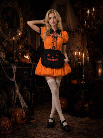 Front view of orange and black Halloween pumpkin maid costume with puff sleeves and corset lacing