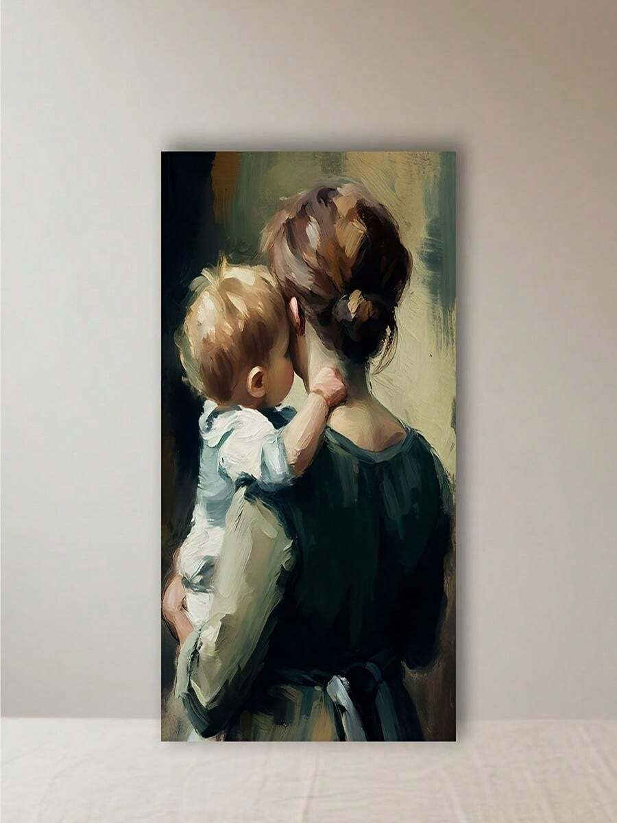Framed vertical canvas portrait painting of a mother holding a young child in warm impressionistic tones