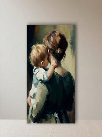 Framed vertical canvas portrait painting of a mother holding a young child in warm impressionistic tones