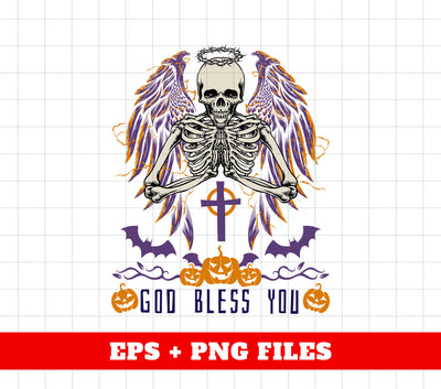 God Bless You, Skeleton With Wings, Happy Halloween, Digital Files, Png Sublimation