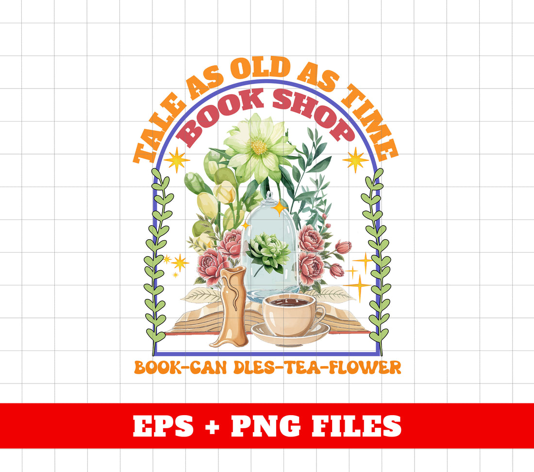 Tale As Old As Time, Book Shop, Books, Candles, Tea, Flowers, Retro Book Store, Digital Files, Png Sublimation