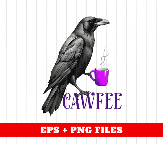 Cawfee Gift, Funny Bird, Grey Bird Drink Coffee, Love Bird, Love Coffee, Raven Bird, Crow Bird, Digital Files, Png Sublimation