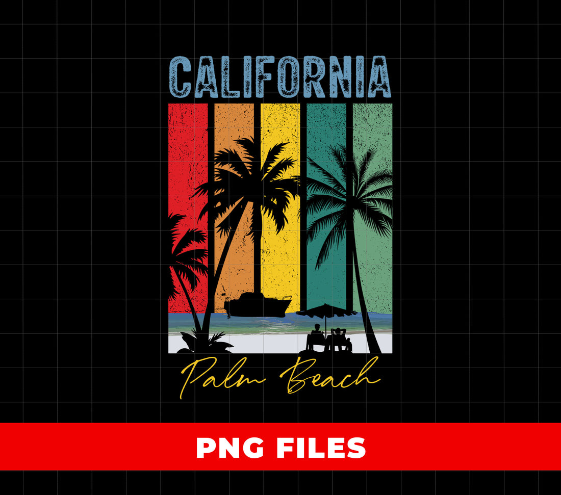 California Palm Beach PNG, Retro Sunset Palm Tree Clipart, California Beach, Summer Vacation