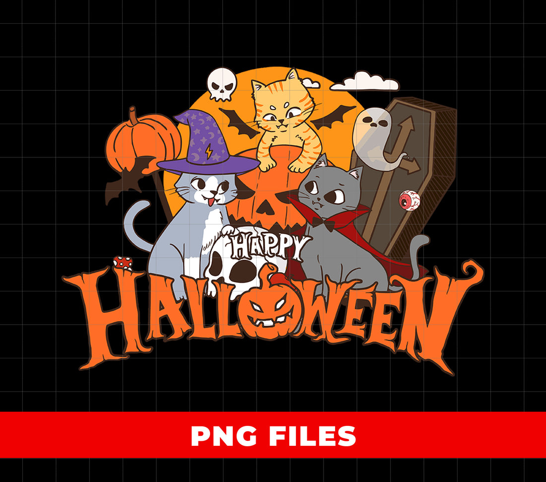 Happy Halloween Cats PNG, Cute Witch Vampire Cat Sublimation Design, Funny Spooky Kitty Pumpkin Art For Kids & Cat Lovers
