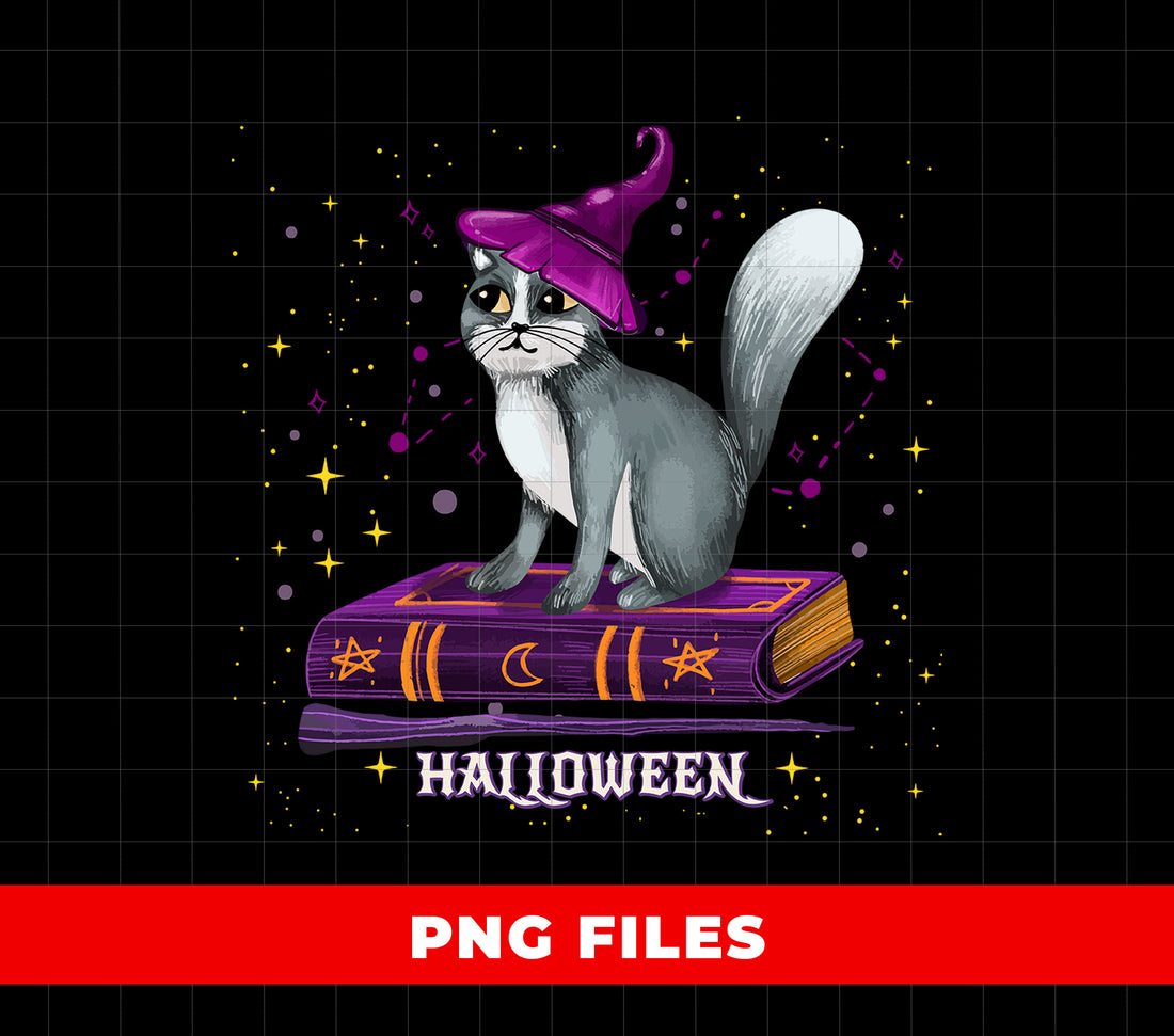 Cute Halloween Witch Cat PNG, Magical Cat on Spell Book Clipart, Purple Hat Cat Art, Funny Halloween Cat Sublimation Design