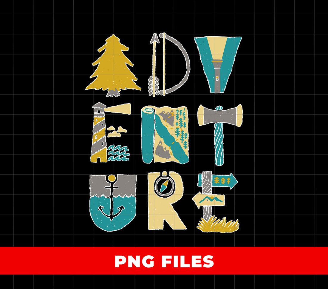 Adventure Camping PNG, Retro Hiking Outdoors Letters Clipart, Wilderness Nature Tent Compass Axe Lantern, Travel Explorer Sublimation