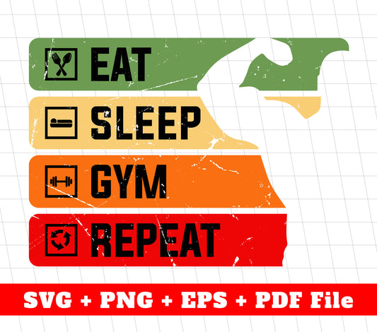 Eat Sleep Gym Repeat, Retro Gym, Gymer Svg, Fitness Design, Svg Files, Png Sublimation