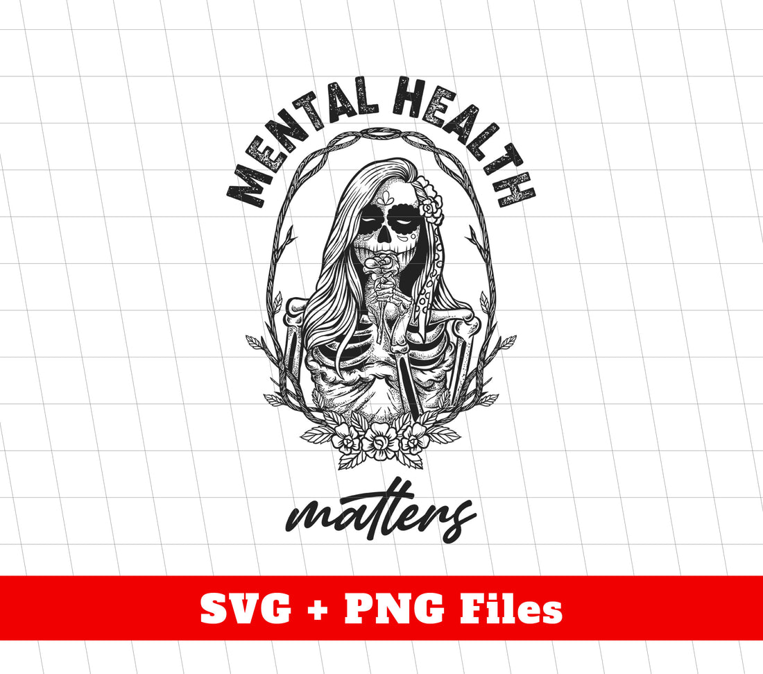Increase awareness and support for mental health with these digital files featuring a woman skeleton. Perfect for sublimation, these png files will encourage conversation and understanding around this important topic. Mental health matters, and this product empowers you to spread the message with impactful visuals.