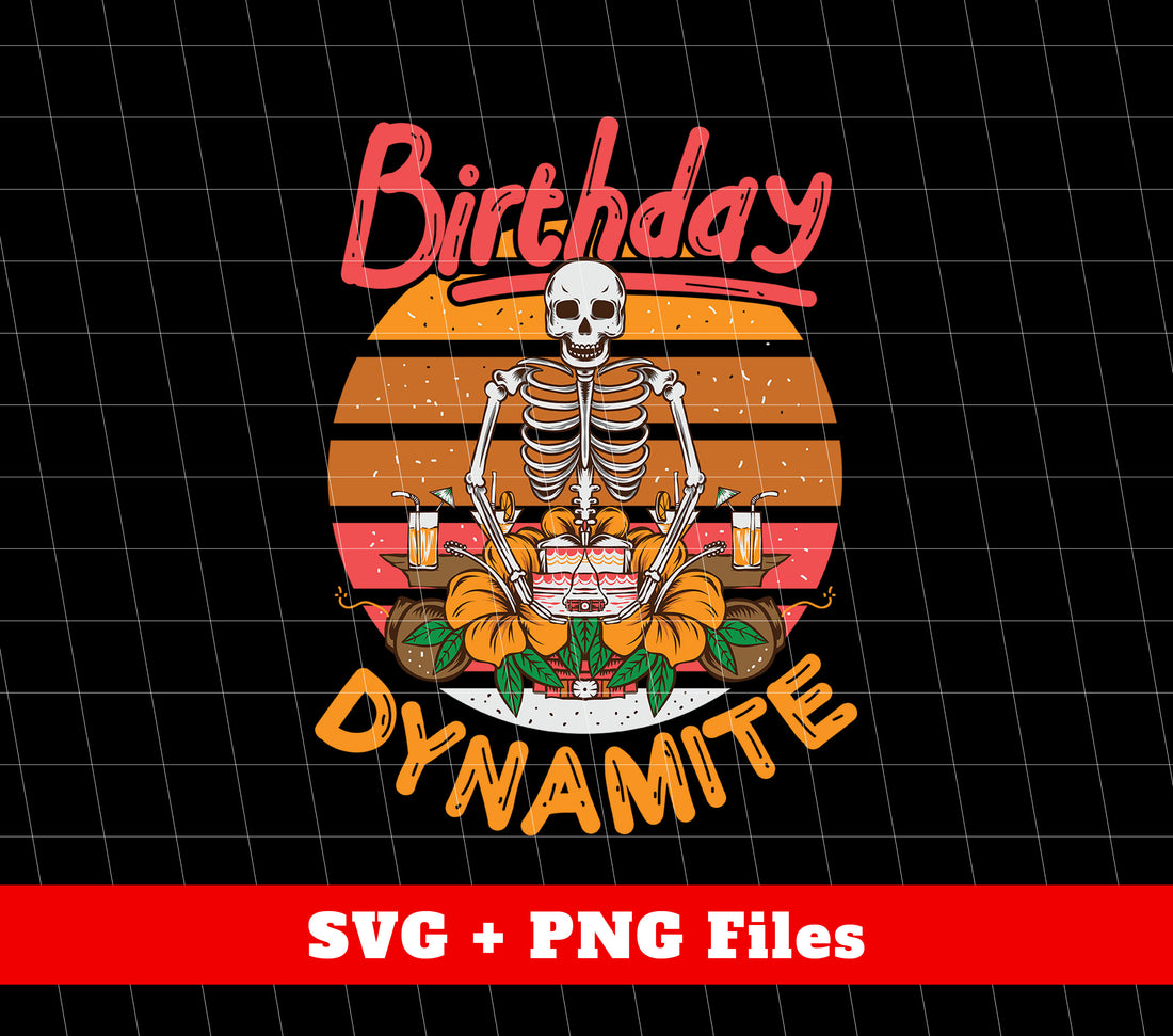 Celebrate in style with our Birthday Dynamite Retro Skeleton Retro Birthday Digital Files Png Sublimation! This explosive pack includes digital files in PNG format, perfect for creating retro-themed designs. Add some retro flair to your next birthday celebration with our high-quality sublimation files.