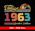 Celebrate a special birthday with our limited edition Vintage 1963 collection! Featuring retro designs and high-quality digital files, you can create unique Png sublimations for any occasion. Perfect for those born in 1963, this collection is a must-have for any vintage lover. Order now and add a touch of nostalgia to your celebrations!
