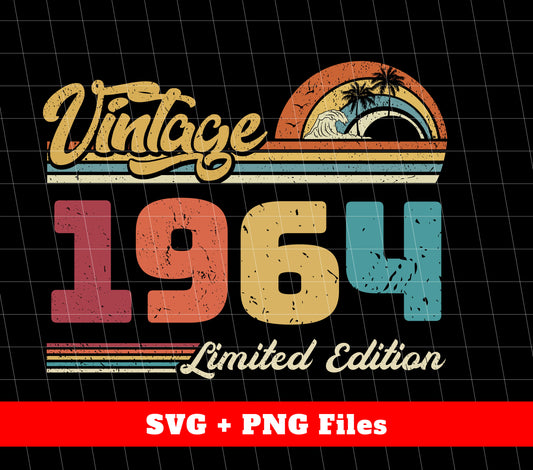 Take a trip down memory lane with our Vintage 1964 digital files. Celebrate a Retro 1964 Birthday with this limited edition design, perfect for Png Sublimation. Get it now and relive the nostalgia of this special year!