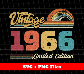 "Commemorate a milestone birthday with our Vintage 1966 Limited Edition digital files. Featuring retro 1966 design and png sublimation, this product is perfect for anyone celebrating their special year. Add a touch of nostalgia to your birthday celebrations!"
