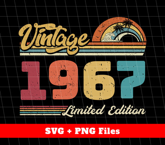 Celebrate a special birthday with this limited edition Vintage 1967 design. Perfect for any Retro 1967 Birthday, this digital file in PNG format is a unique and timeless tribute. Own a piece of history with this expertly crafted design.