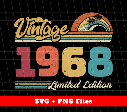 Celebrate your special year with our Vintage 1968, Retro 1968 Birthday, and 1968 Limited Edition Digital Files. Featuring PNG Sublimation, this 1968 edition will bring a touch of nostalgia to any event. Perfect for personalized gifts or event decorations. Own your piece of history today!