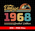 Celebrate your special year with our Vintage 1968, Retro 1968 Birthday, and 1968 Limited Edition Digital Files. Featuring PNG Sublimation, this 1968 edition will bring a touch of nostalgia to any event. Perfect for personalized gifts or event decorations. Own your piece of history today!