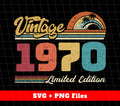 Celebrate a milestone birthday with our limited edition Vintage 1970 collection. This retro design includes digital files with PNG sublimation for high-quality prints. A perfect gift for any 1970 birthday, this collection is a must-have for vintage lovers. Embrace nostalgia with our Retro 1970 Birthday collection.
