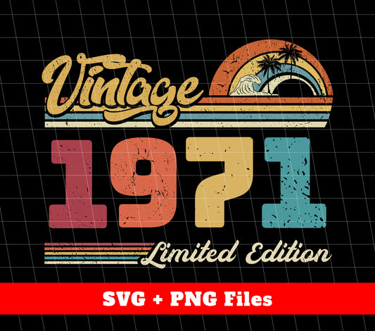 Discover the perfect gift for those born in 1971 with our Vintage 1971 Retro Birthday Limited Edition digital files. Relive the nostalgia with our high-quality PNG sublimation designs. Commemorate their special year with this unique and timeless present.