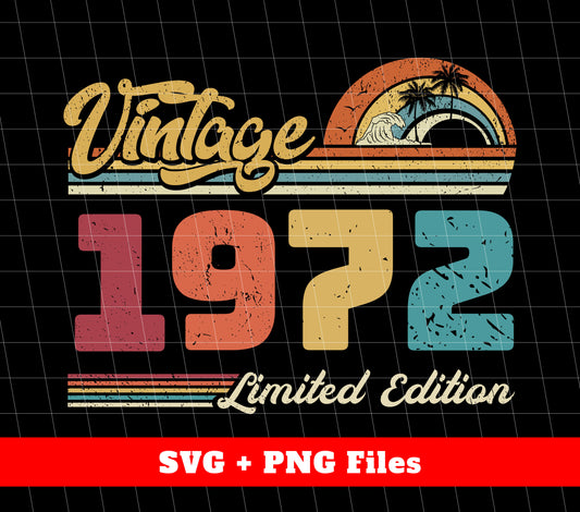 Step back in time with our Vintage 1972 Limited Edition collection! Celebrate your birthday in style with our Retro 1972 design, perfect for any 1972 born individual. Access our Digital Files for a quick and easy Png Sublimation process. Don't miss out on this timeless piece!