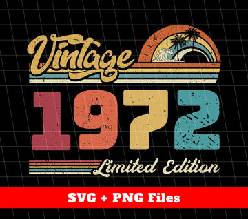 Step back in time with our Vintage 1972 Limited Edition collection! Celebrate your birthday in style with our Retro 1972 design, perfect for any 1972 born individual. Access our Digital Files for a quick and easy Png Sublimation process. Don't miss out on this timeless piece!