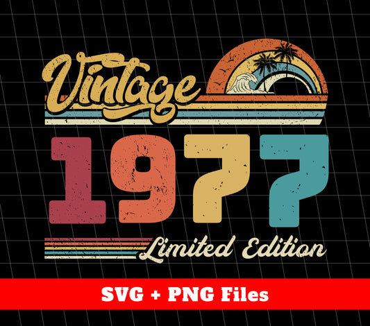 Unlock the past with our Vintage 1977 Retro Birthday Limited Edition Digital Files. Celebrate with a unique retro design, perfect for any 1977 birthday. High-quality Png Sublimation format makes this product perfect for digital use. Own a piece of history today.