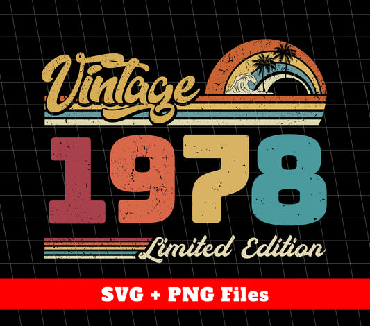 Celebrate a special year with our Vintage 1978 Limited Edition Digital Files. Perfect for any retro enthusiast, these high-quality Png Sublimation images showcase a timeless design. Add a touch of nostalgia to any project or event with our Vintage 1978 collection. Expertly crafted for a true throwback experience.