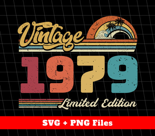 Celebrate a milestone birthday with our Vintage 1979 Limited Edition collection. This retro design features a 1979 birthday and is available for digital download in PNG format for use in sublimation. The perfect gift for those born in 1979 to showcase their unique year!