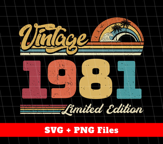 Celebrate a special 40th birthday with our Vintage 1981 Limited Edition digital files. Perfect for retro and nostalgic themes, these high-quality PNG files are ideal for creating personalized gifts and decor. Own a piece of history and make their birthday one to remember!
