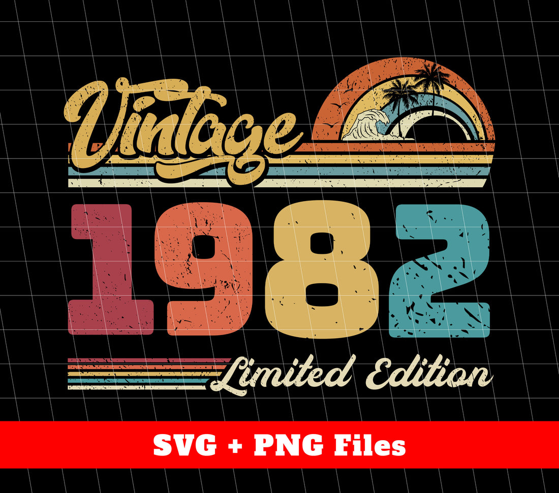 Celebrate a special milestone with this Vintage 1982, Retro 1982 Birthday, and 1982 Limited Edition digital file. Perfect for creating personalized gifts or party decorations. Download and use the high-quality PNG images for sublimation printing. Add a touch of nostalgia to your celebrations with these retro designs!
