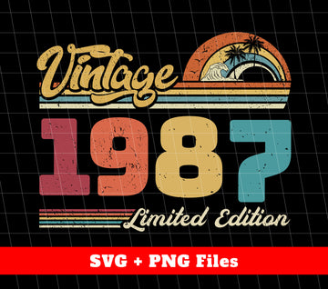 "Celebrate in style with our Vintage 1987 Limited Edition Birthday collection. Featuring retro-inspired 1987 design elements and high-quality digital files in PNG format for versatile use. Perfect for personalized gifts and party decorations."