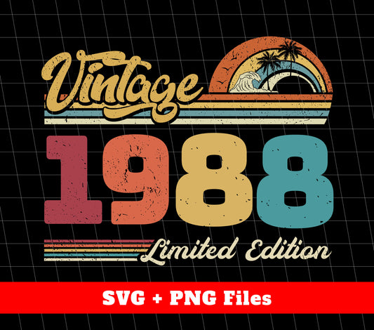Celebrate the special person in your life with our Vintage 1988 Limited Edition Birthday Digital Files! These Retro 1988 Png Sublimation designs are perfect for adding a unique touch to any project. With the timeless charm of 1988, give the gift of nostalgia and make any occasion a memorable one.