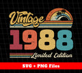 Celebrate the special person in your life with our Vintage 1988 Limited Edition Birthday Digital Files! These Retro 1988 Png Sublimation designs are perfect for adding a unique touch to any project. With the timeless charm of 1988, give the gift of nostalgia and make any occasion a memorable one.
