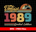 Celebrate a special person's birthday with our Vintage 1989, Retro 1989 Birthday, 1989 Limited Edition digital files! Perfect for creating personalized gifts or decor, these PNG sublimation files feature a vintage design that will add a touch of nostalgia to any project. Limited edition, available now.