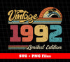 Celebrate a special someone's birthday with our Vintage 1992 Limited Edition Digital Files! Perfect for retro lovers, this collection includes a Vintage 1992 design, Retro 1992 Birthday design, and Png Sublimation files. Make their special day even more memorable with this unique and timeless gift.