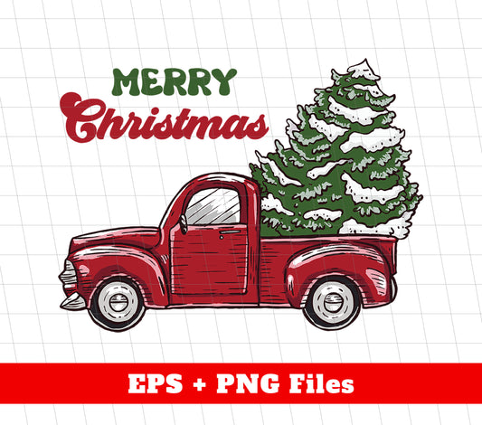 Red Car Bring Christmas Tree, Merry Christmas, Digital Files, Png Sublimation