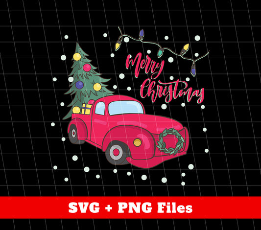 Merry Christmas, Pink Car Bring Christmas Tree, Digital Files, Png Sublimation