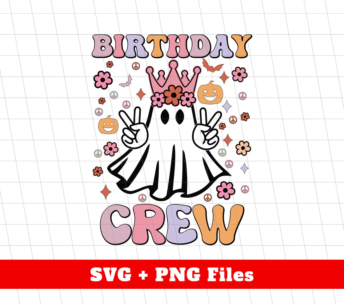 Get ready for any Halloween party with these fun and unique designs. Choose from Birthday Crew, Groovy Halloween, or Cute Princess Ghost to make a statement. These high-quality Svg and Png files are perfect for sublimation printing. Add some fun to your wardrobe this Halloween season!