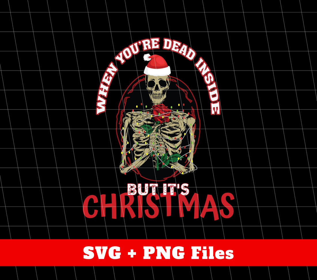 This trendy Christmas themed product is perfect for those with a dark sense of humor. Featuring a skeleton in a festive setting, this product includes high-quality SVG and PNG files for easy customization. Embrace your inner "dead inside" this holiday season with this unique product.