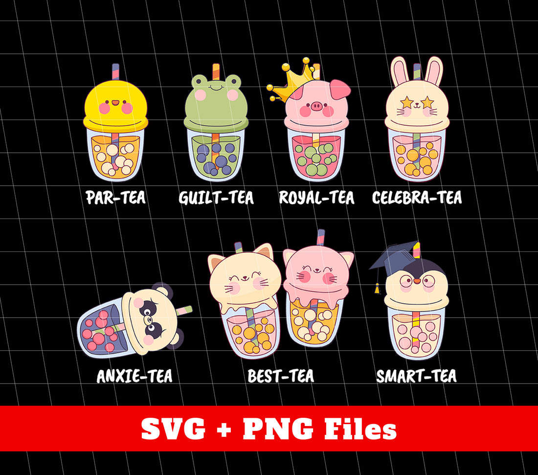 This bundle includes eight different teas, each with its own benefits. Love Tea promotes relaxation, Best-tea boosts focus, Smart-tea aids in digestion, Par-tea is guilt-free, Guilt-tea reduces stress, Anxie-tea promotes calmness, Royal-tea is fit for royalty, and Celebra-tea adds a touch of celebration to your day. Plus, each tea comes in a fun, sublimated PNG design!