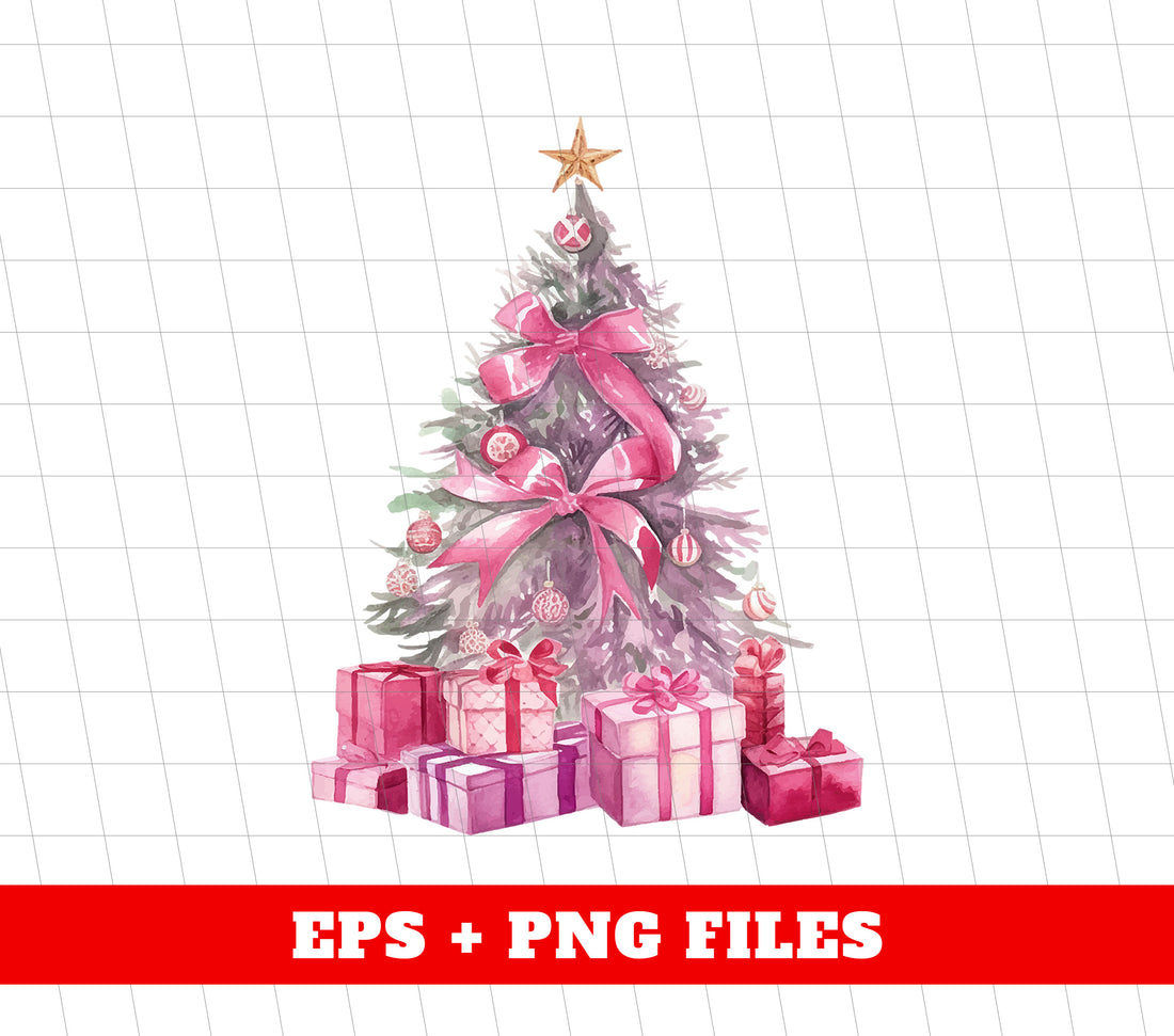 Enhance your holiday decor with our Watercolor Xmas Tree, adorned with a pop of pink and trendy pink gift boxes. Incorporate a touch of elegance with our sublimation design for a unique and modern Christmas celebration.