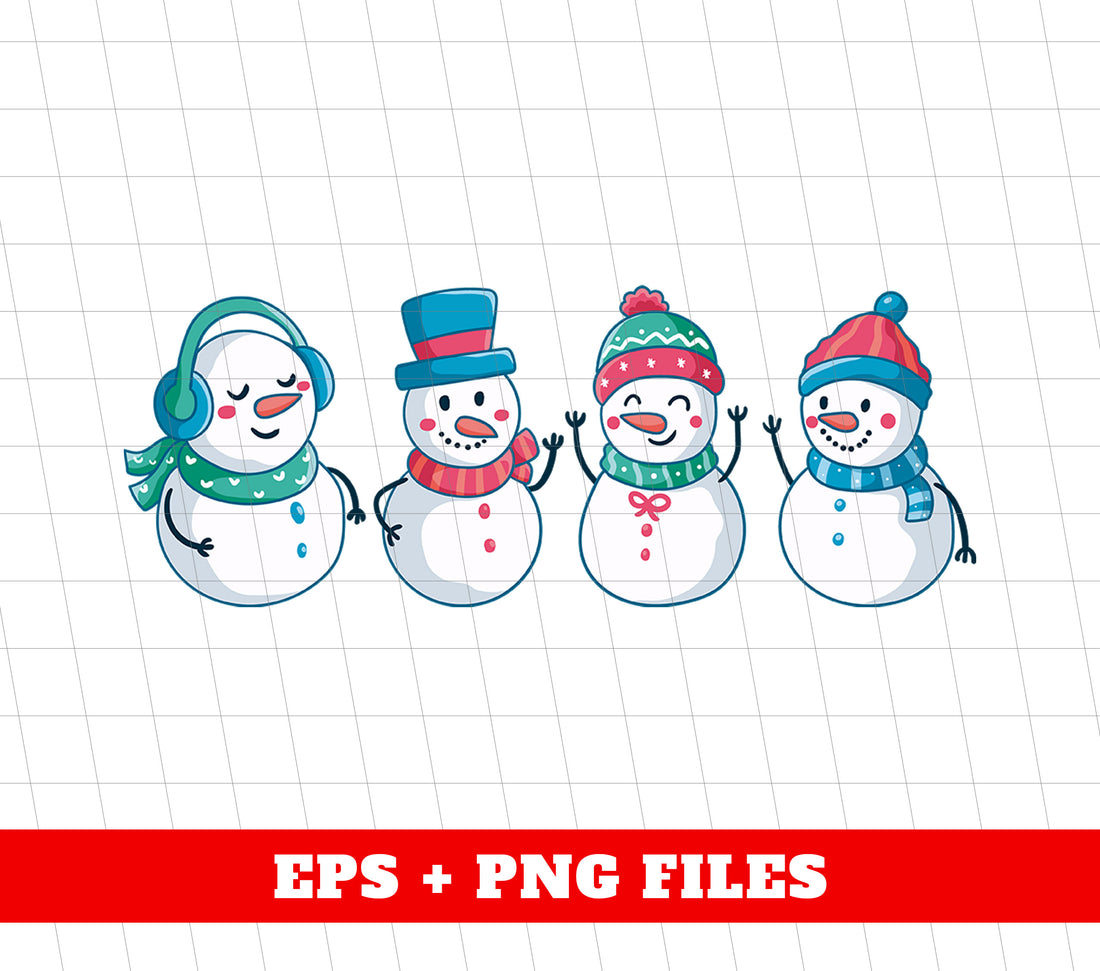 Presenting a set of four adorable snowman designs - Snowman Christmas, Cute Snowman, Trendy Christmas - perfect for all your holiday projects. High-quality PNG sublimation format for easy customization. Create a festive atmosphere with these charming snowmen! Order now for a unique and trendy Christmas.