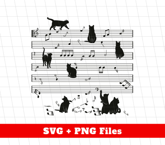 Cat Funny Music Note, Party Lover, Black Cat Love Music, Png Sublimation