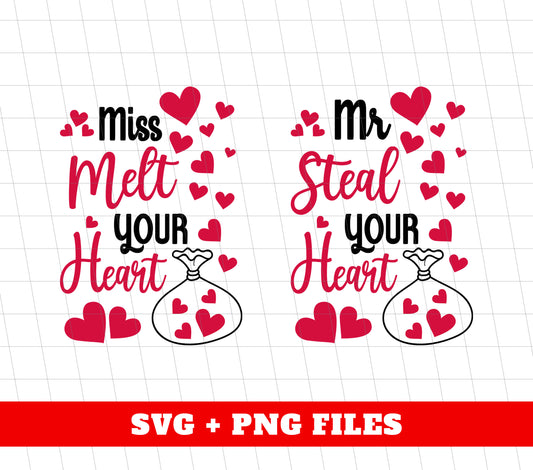 This trendy Valentine's bag features a heart design with "Miss Melt Your Heart" and "Mr Steal Your Heart" sublimated onto it. Perfect for a statement piece on Valentine's Day or any romantic occasion. Show off your love with this stylish bag.