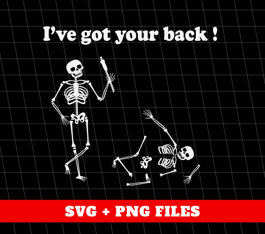 Experience some humorous support with our "I've Got Your Back" digital files! This funny skeleton design feature png sublimation for easy customization. Perfect for any project, add a touch of humor with our skeleton saying.