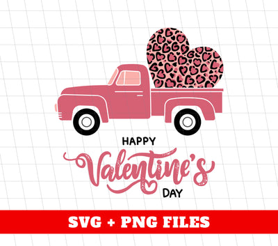 Happy Valentine's Day, Pink Truck In Valentine, Truck Bring Leopard Heart, Digital Files, Png Sublimation