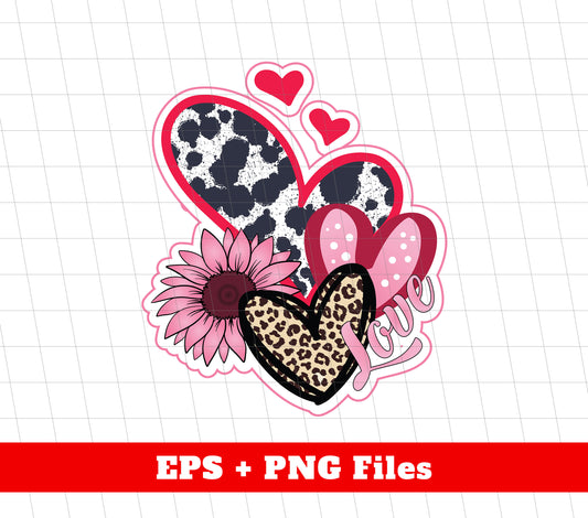 Love Heart, Valentine Heart, Pink Heart, Pink Sunflower, Leopard Heart, Digital Files, Png Sublimation