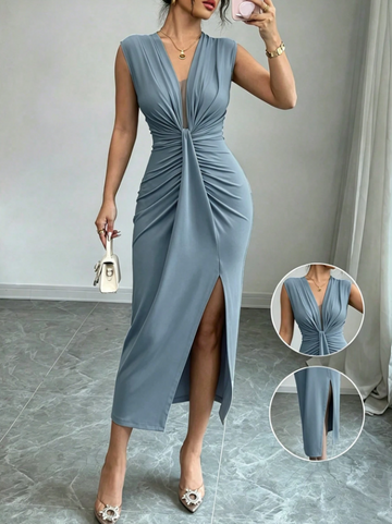 Elegant Sleeveless Deep V-Neck Ruched Slit Dress for Women - Perfect Spring & Summer Fashion