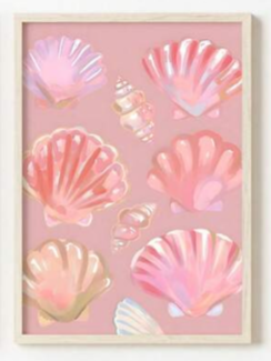 Pink shell and starfish art for beach home decor