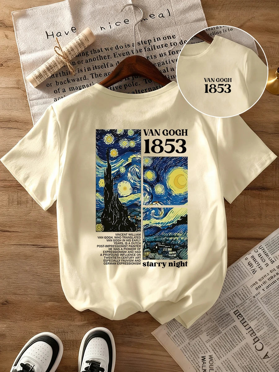 Back flat view of cream Van Gogh Starry Night graphic tee with 1853 art collage and front inset