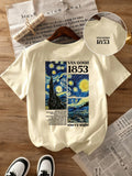 Back flat view of cream Van Gogh Starry Night graphic tee with 1853 art collage and front inset